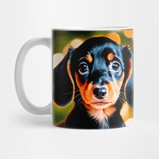 Tiny Dachshund Puppy Dog by Christmas Tree Mug